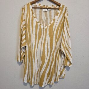 Rachel Zoe 100% Linen Top Gold & White Zebra Print 3/4 Sleeve Women's 3X
